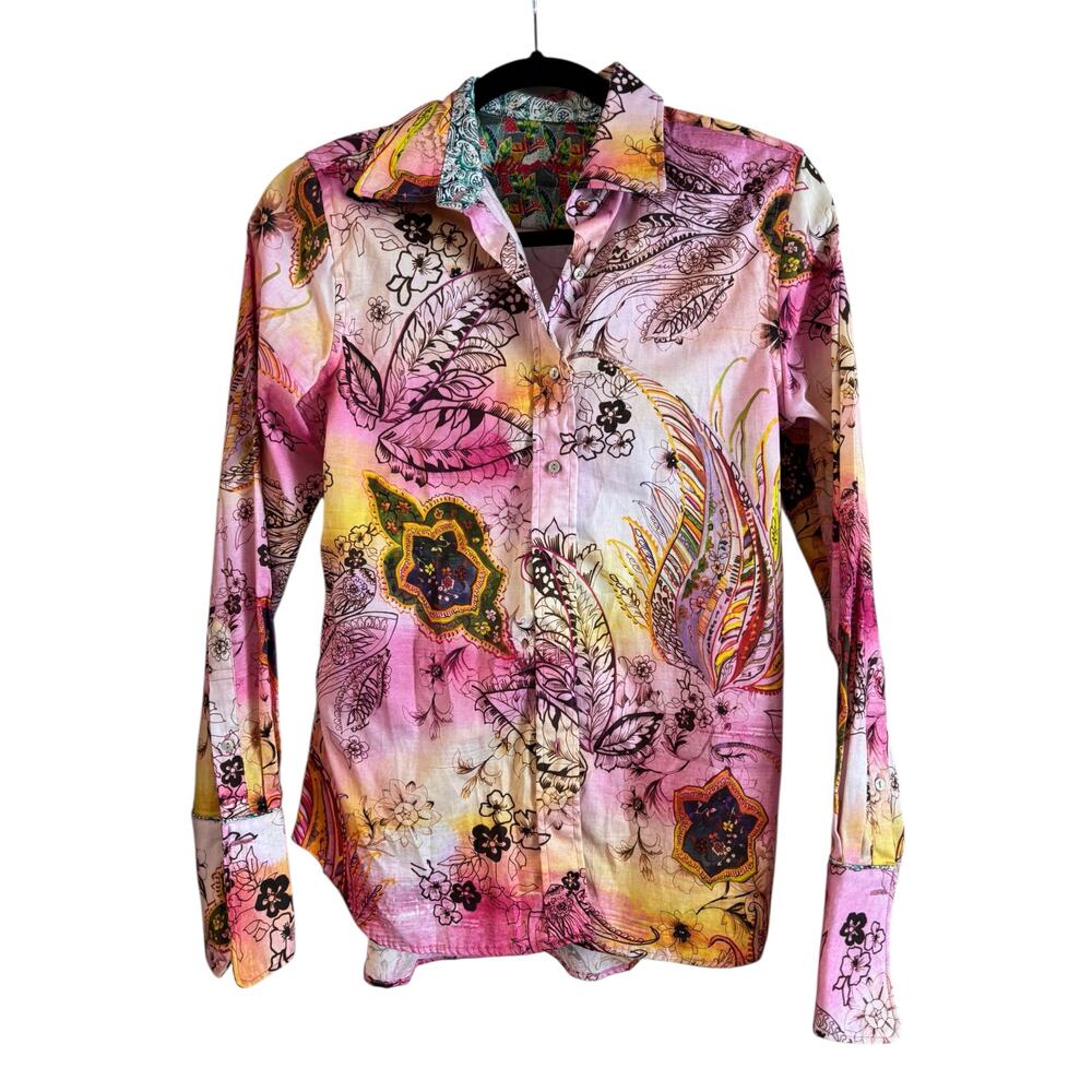 Robert Graham Women's Priscilla Pink Paisley Leaf Print Stretch Cotton Shirt S